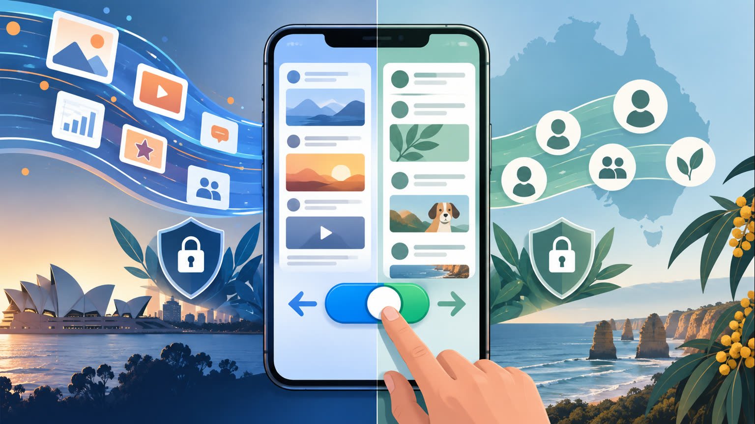 AI-generated technology-policy illustration of a generic smartphone offering two abstract social-feed pathways and privacy controls