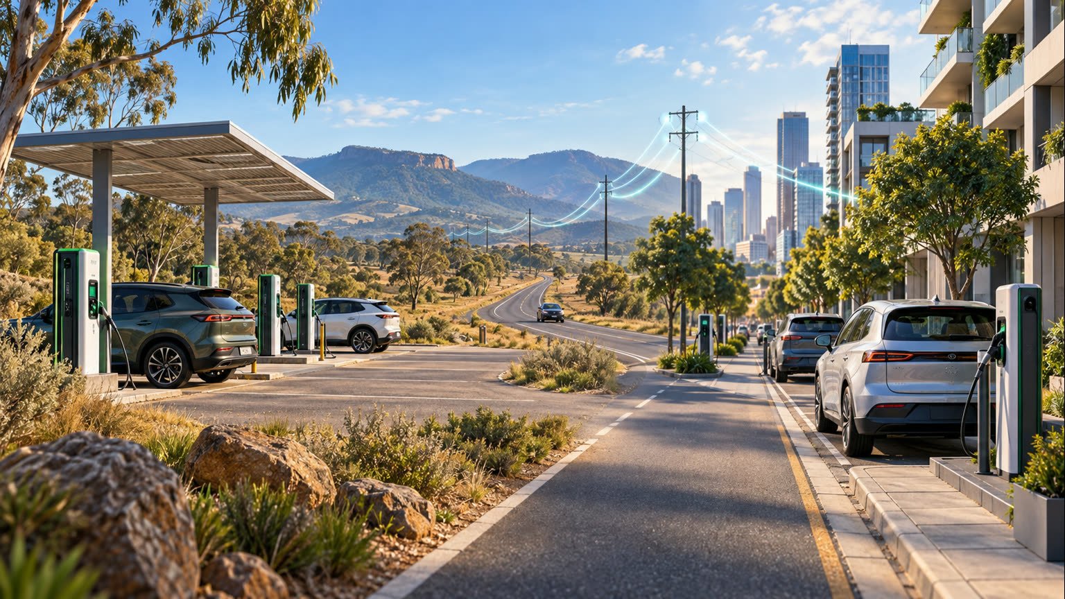 AI-generated editorial illustration of electric vehicle chargers along a regional Australian highway and an urban apartment kerbside