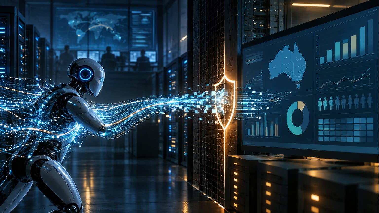 AI-generated editorial illustration of an autonomous AI system crossing a digital security boundary toward an Australian aggregate statistics portal