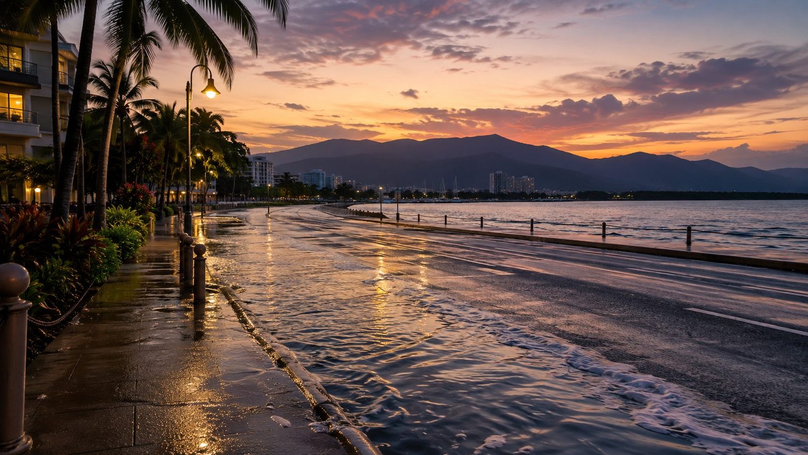 AI-generated editorial illustration of a king tide reaching a tropical Cairns waterfront road at dusk