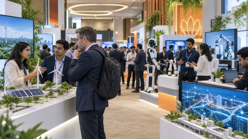 AI-generated editorial illustration of a professional technology and clean-energy exposition in India
