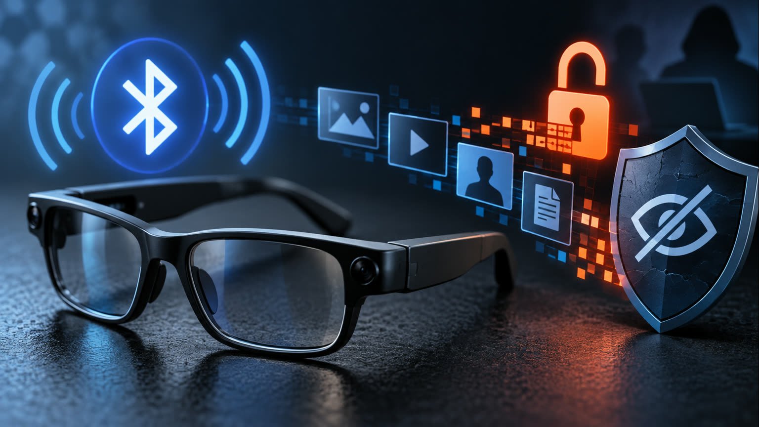 AI-generated cybersecurity illustration of generic smart glasses, Bluetooth signals and an unlocked data pathway
