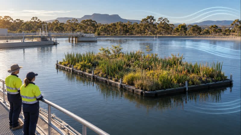 AI-generated editorial illustration of a floating native wetland platform in an Australian wastewater treatment lagoon