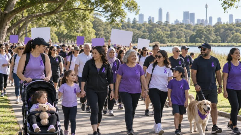 AI-generated editorial illustration of a diverse Australian community walk with purple ribbons in a Sydney park.