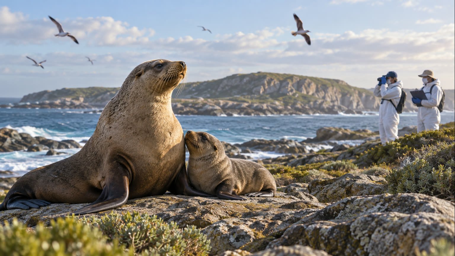 AI-generated editorial illustration of healthy Australian sea lions near a rocky island with wildlife researchers in the distance