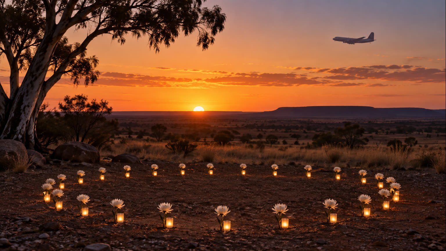 AI-generated commemorative illustration of 24 lights and flowers beneath a generic 1960s aircraft silhouette over outback Queensland