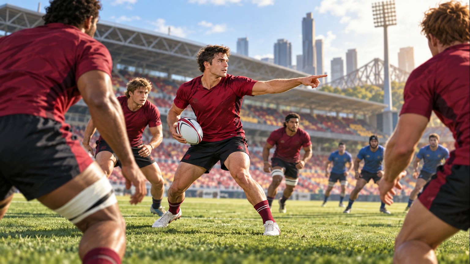 AI-generated sports illustration of fictional red-uniformed rugby players training before a match in a generic Brisbane stadium