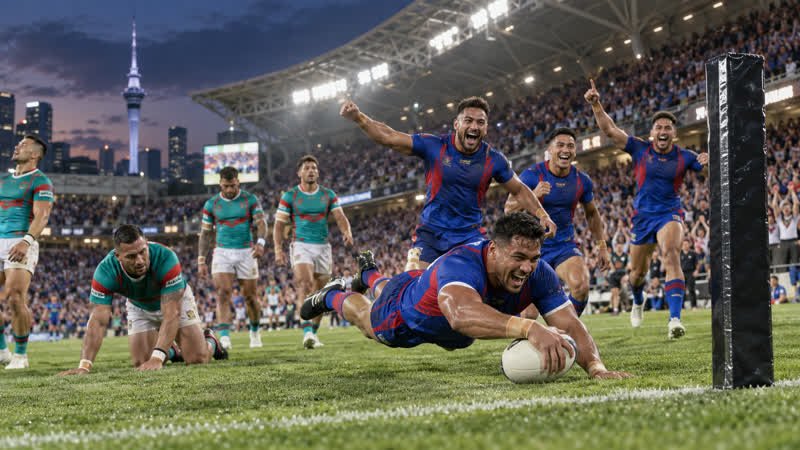 AI-generated editorial illustration of a generic rugby league finals match in an Auckland-style stadium.