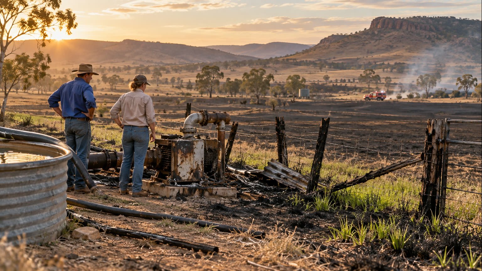 AI-generated editorial illustration of fictional farmers inspecting irrigation equipment after a grassfire on a generic central Queensland property