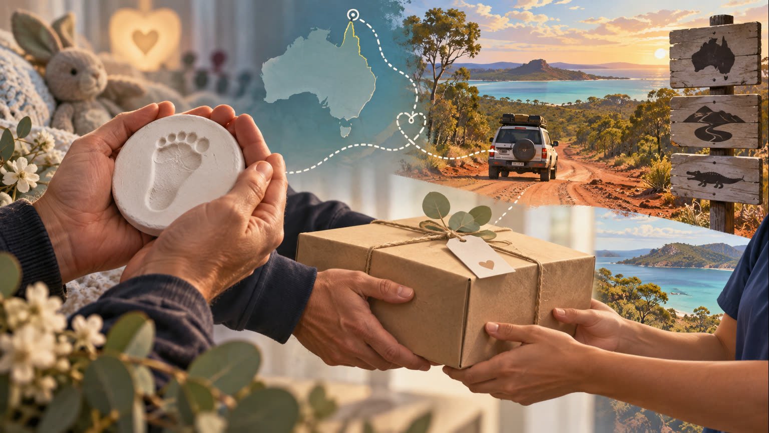 AI-generated editorial illustration of anonymous hands holding a baby-footprint keepsake and delivering a care package during a Cape York journey