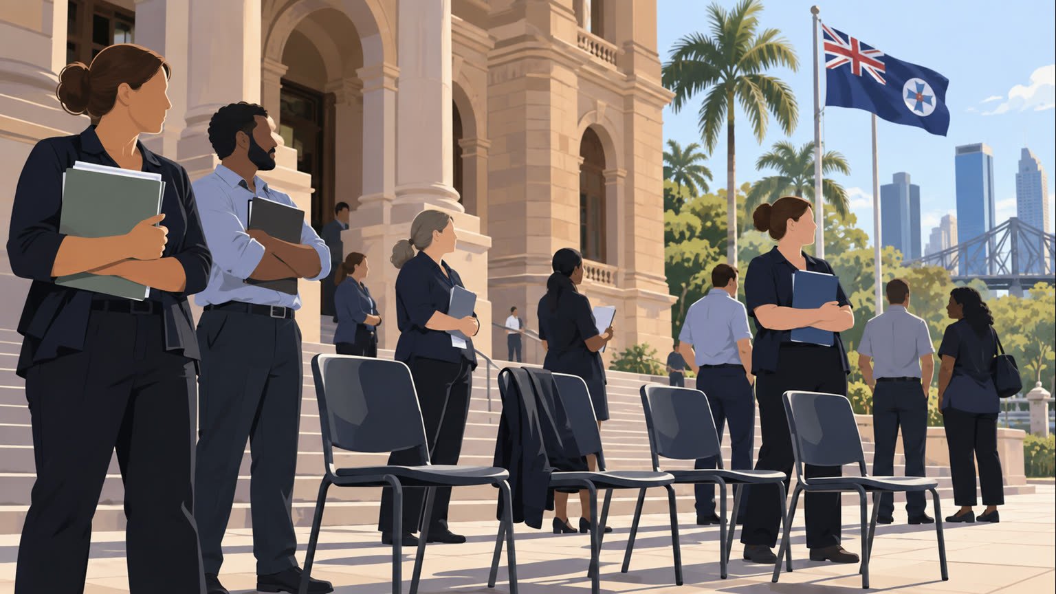 AI-generated editorial illustration of anonymous Queensland public-service workers holding a calm stoppage outside a civic building