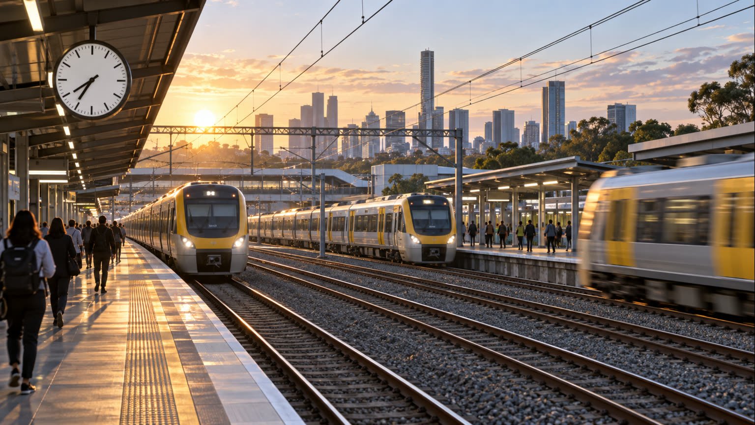 AI-generated editorial illustration of generic commuter trains operating at a busy South East Queensland station