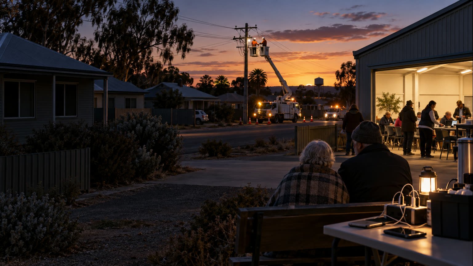 AI-generated editorial illustration of a generic regional Australian neighbourhood during a power outage, with repair crews and a community relief centre
