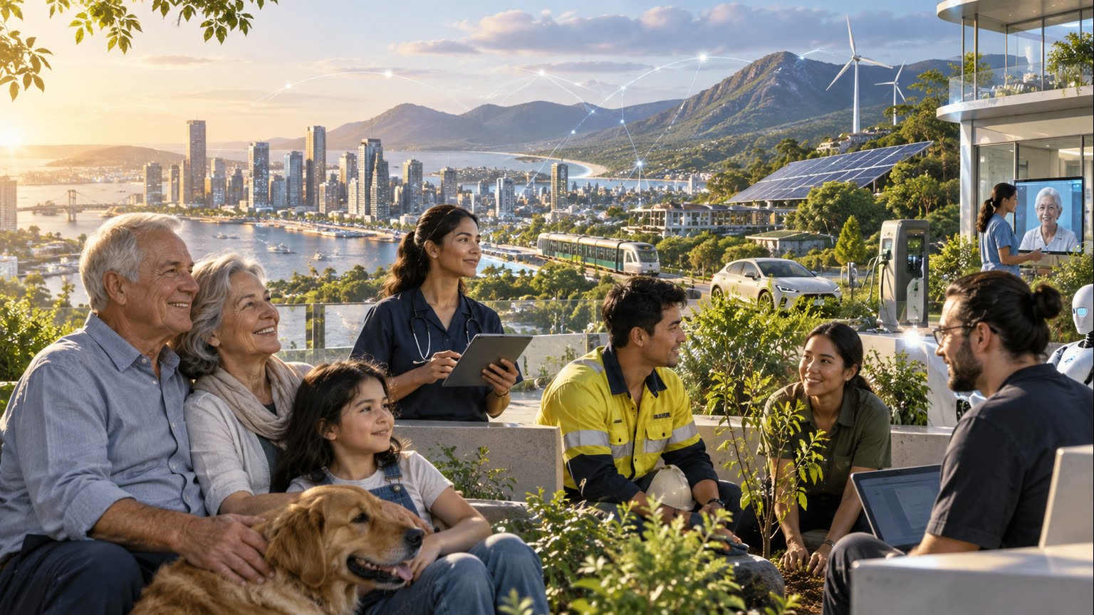 AI-generated symbolic editorial illustration of fictional Australians across generations looking toward a future city