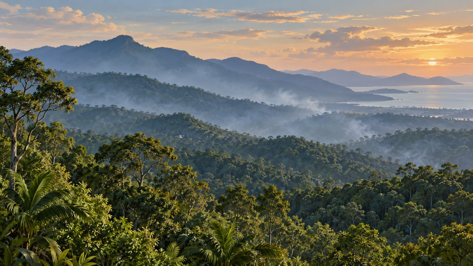 AI-generated generic illustration of tropical forested hills with light haze; not an image of Grey Peaks or an actual burn.