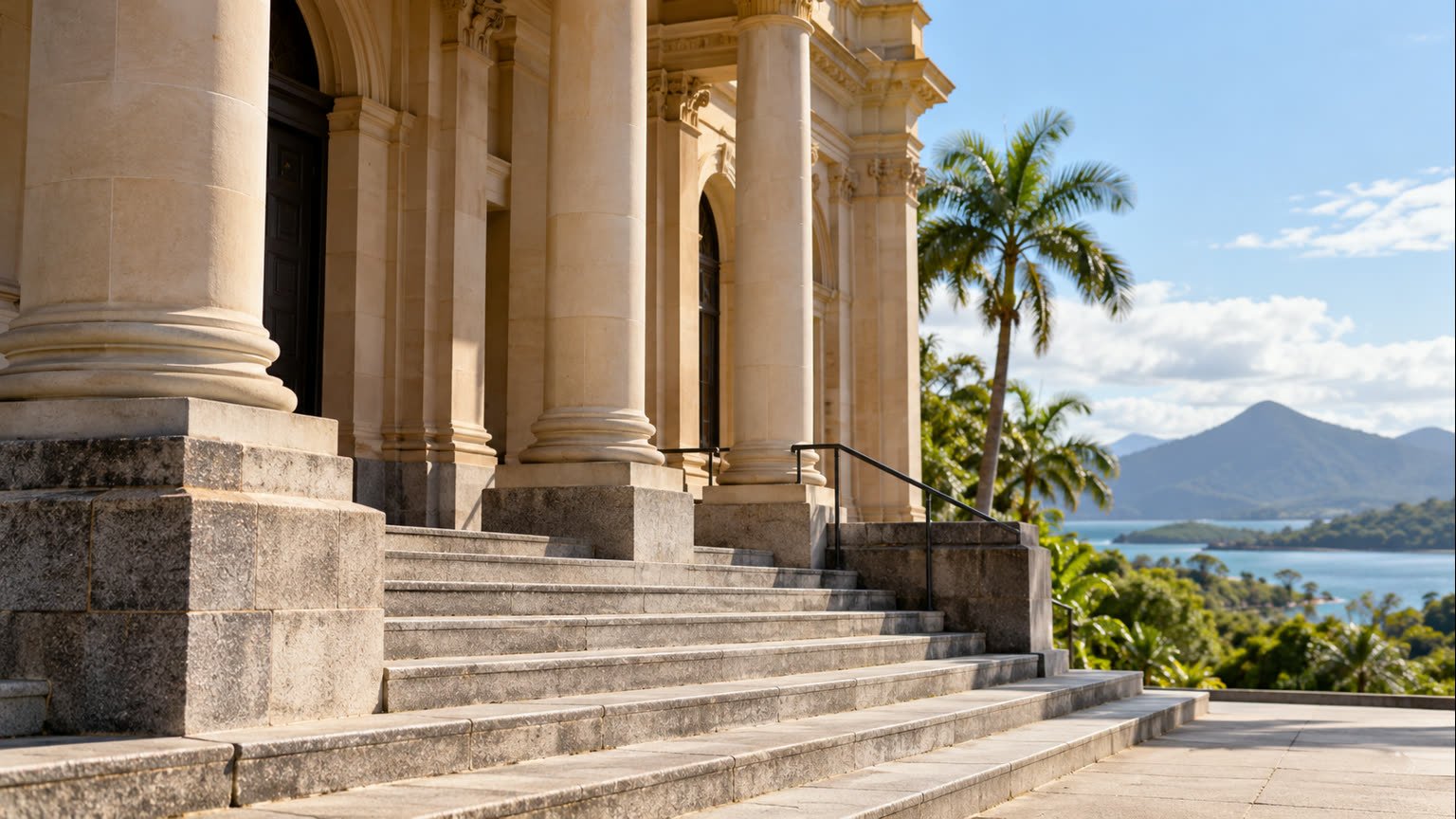 AI-generated symbolic editorial illustration of empty, generic courthouse steps and a tropical landscape; not the hearing location or people involved