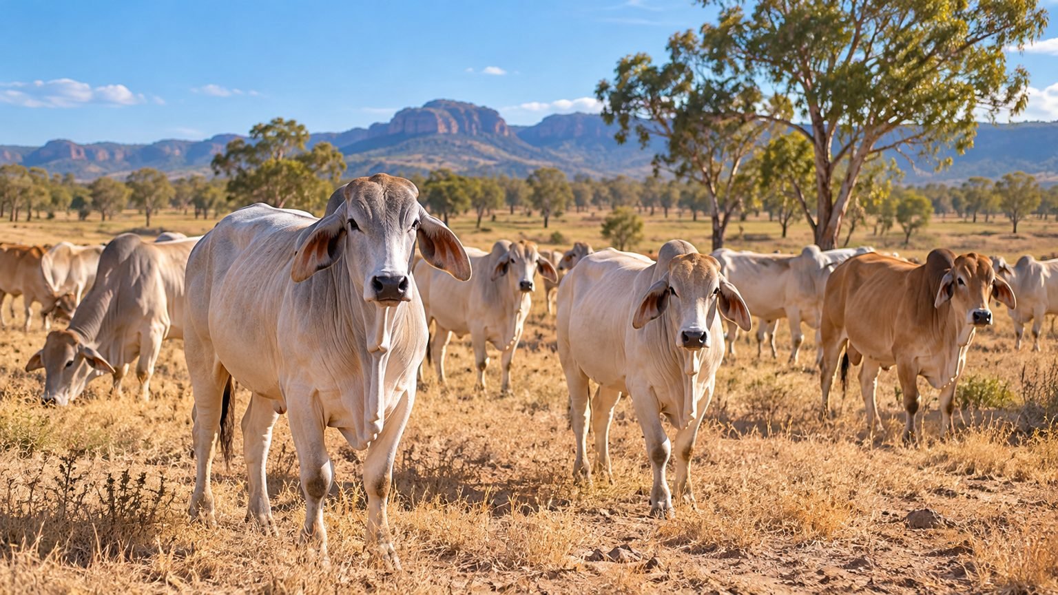 AI-generated editorial illustration of a generic herd of cattle in a dry North Queensland paddock; not an affected property