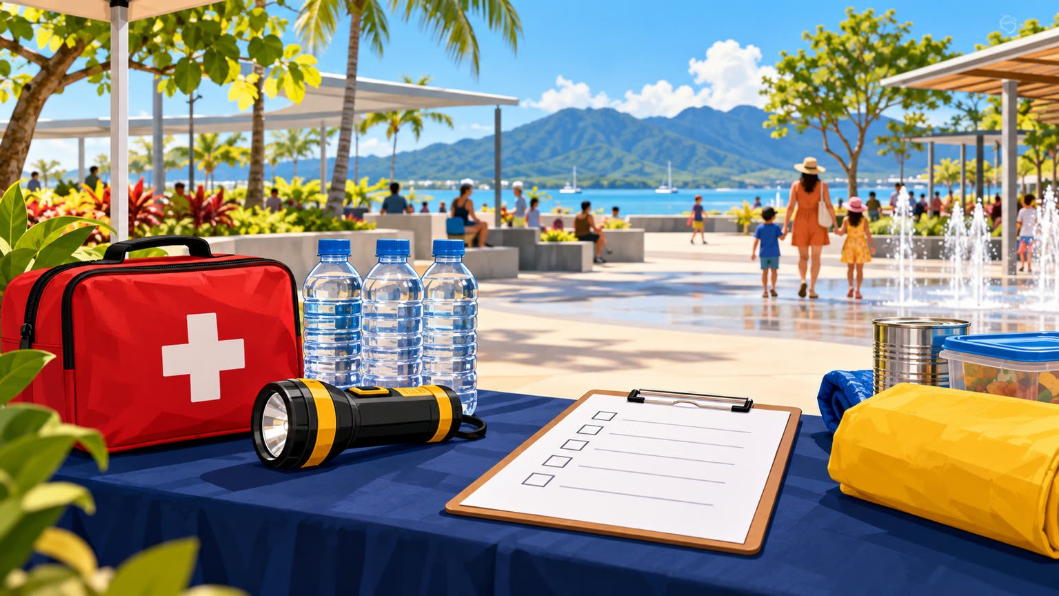 AI-generated generic illustration of an emergency-preparedness table by a tropical waterfront; not the actual Cairns event.