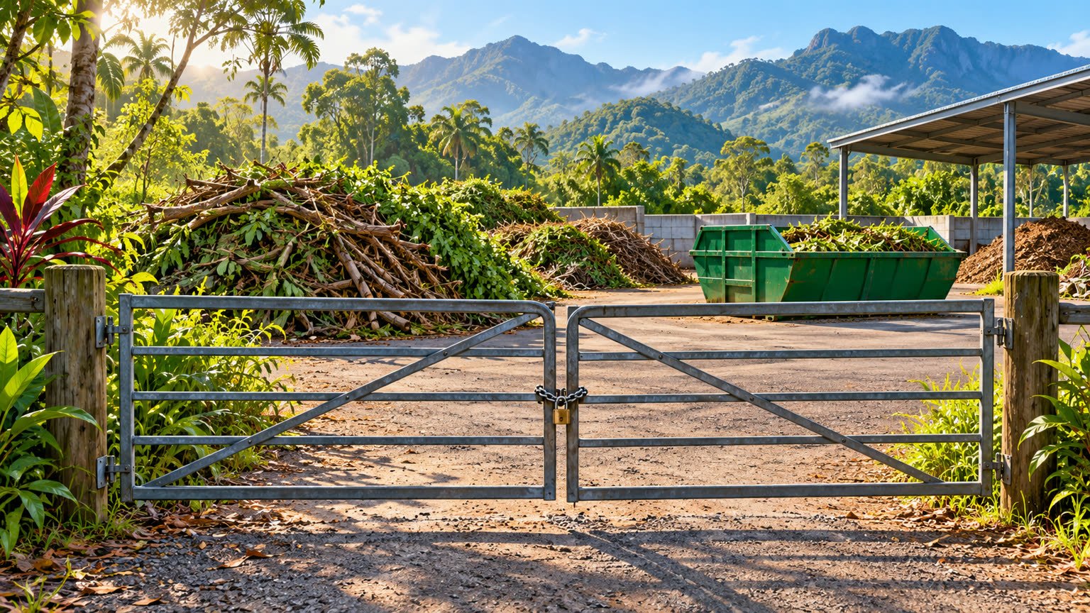 AI-generated illustration of a closed gate at a generic tropical green-waste transfer facility
