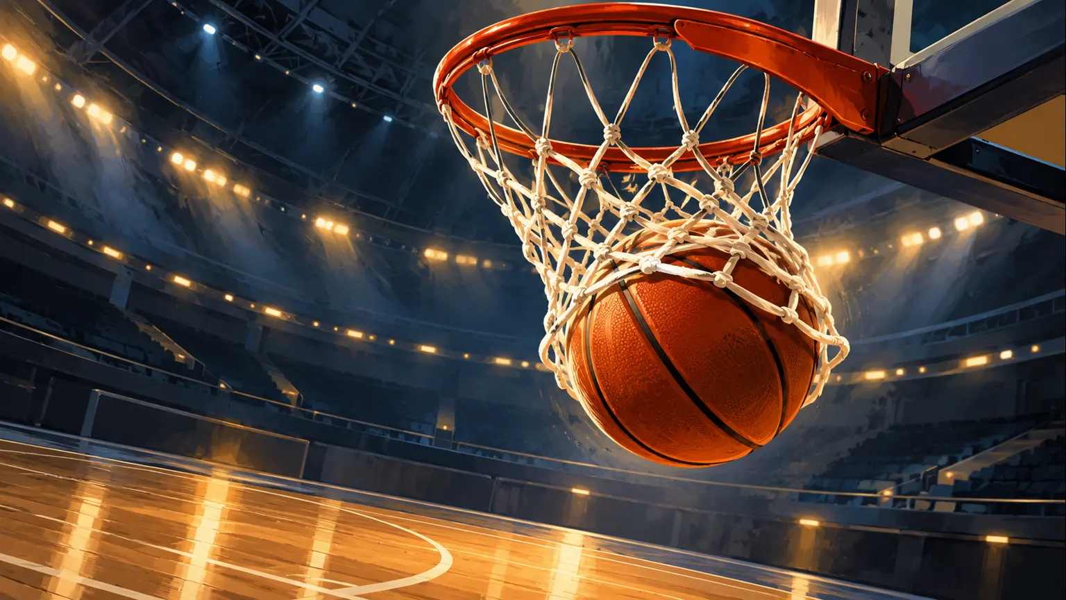 AI-generated illustration of a basketball dropping through a hoop in an empty generic arena; not the Cairns–New Zealand match