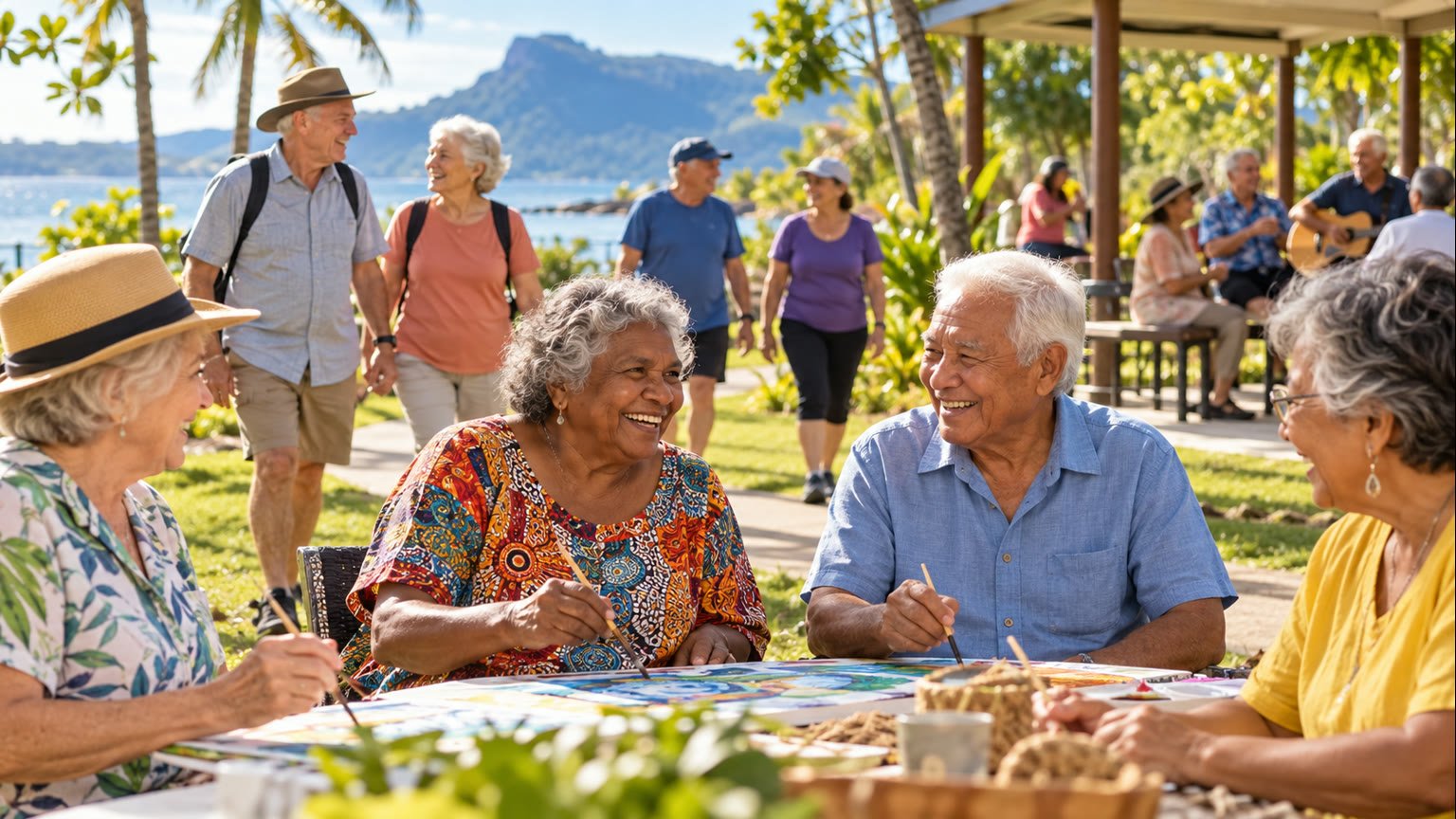 AI-generated editorial illustration of fictional older Queenslanders enjoying community activities in a tropical park