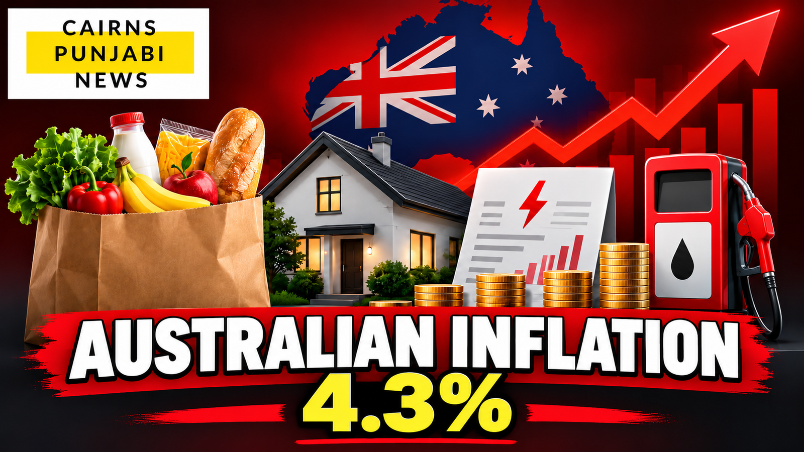 AI-generated illustration of generic Australian groceries, a home, electricity and fuel costs with the Cairns Punjabi News logo and the headline “Australian Inflation 4.3%”; not a photograph or real data chart.