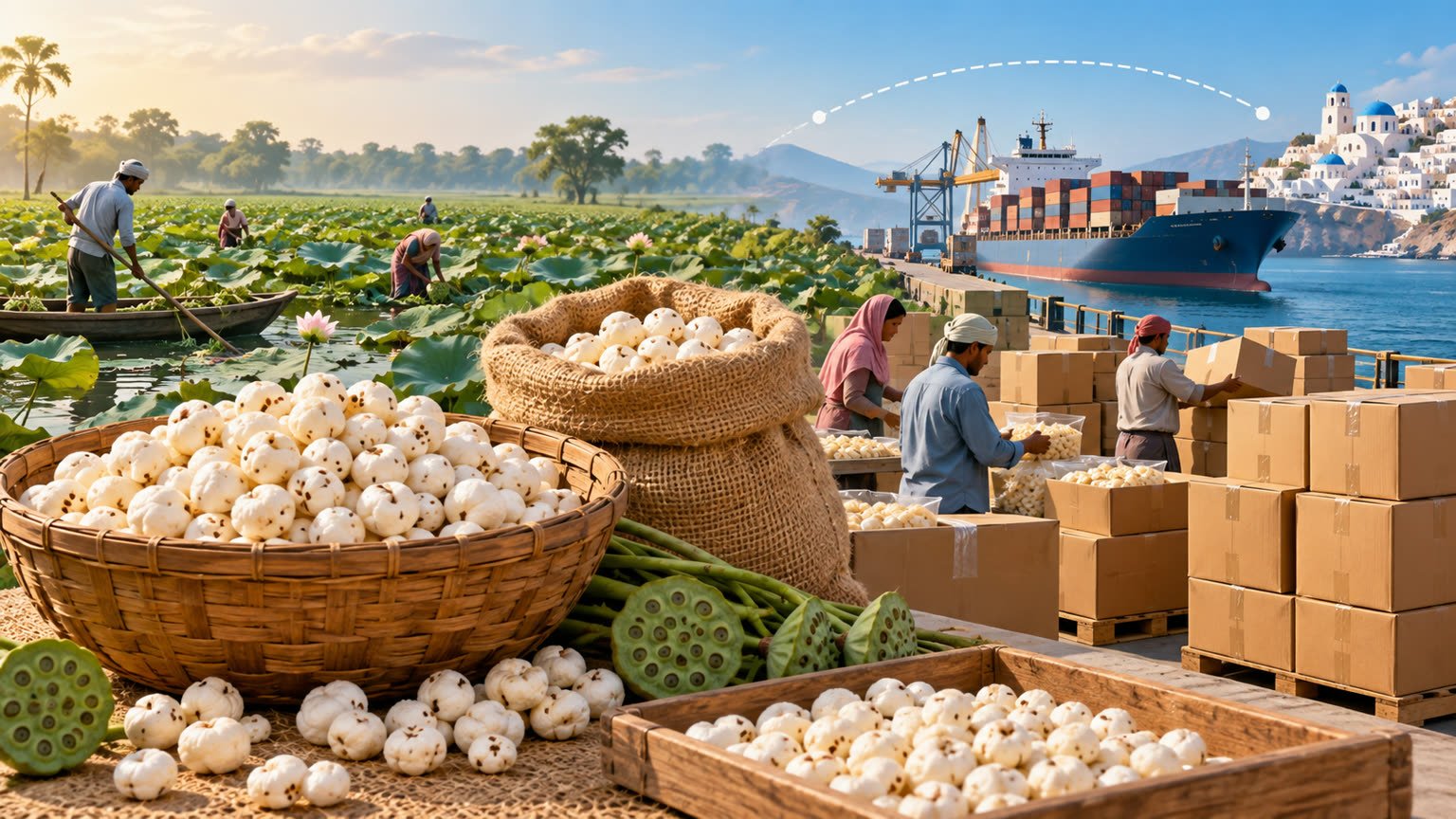AI-generated editorial illustration of makhana moving from a Bihar wetland harvest through an anonymous export port towards Greece