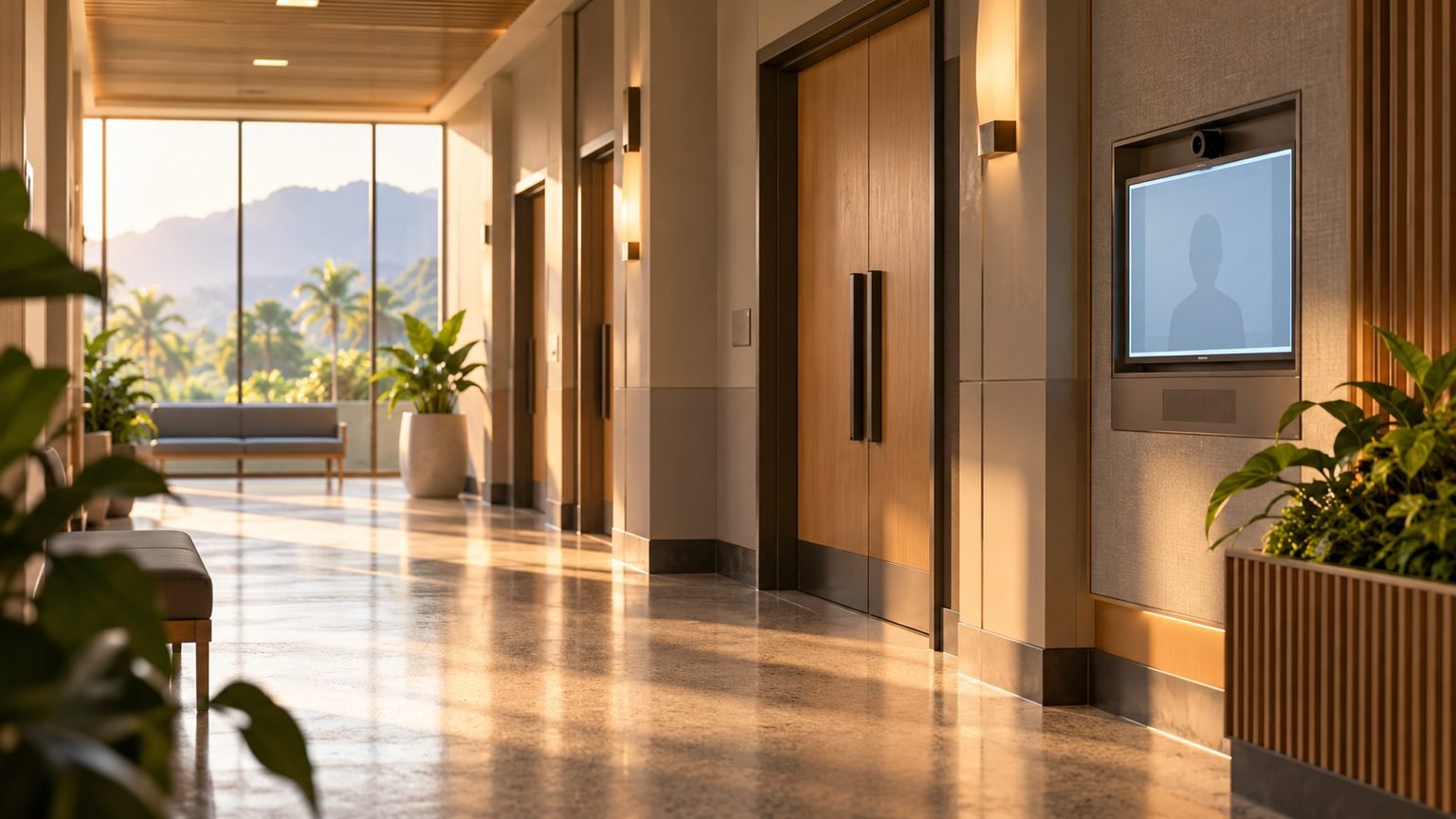 AI-generated conceptual illustration of a generic quiet court corridor and video-link screen; not the Cairns courthouse or any participant