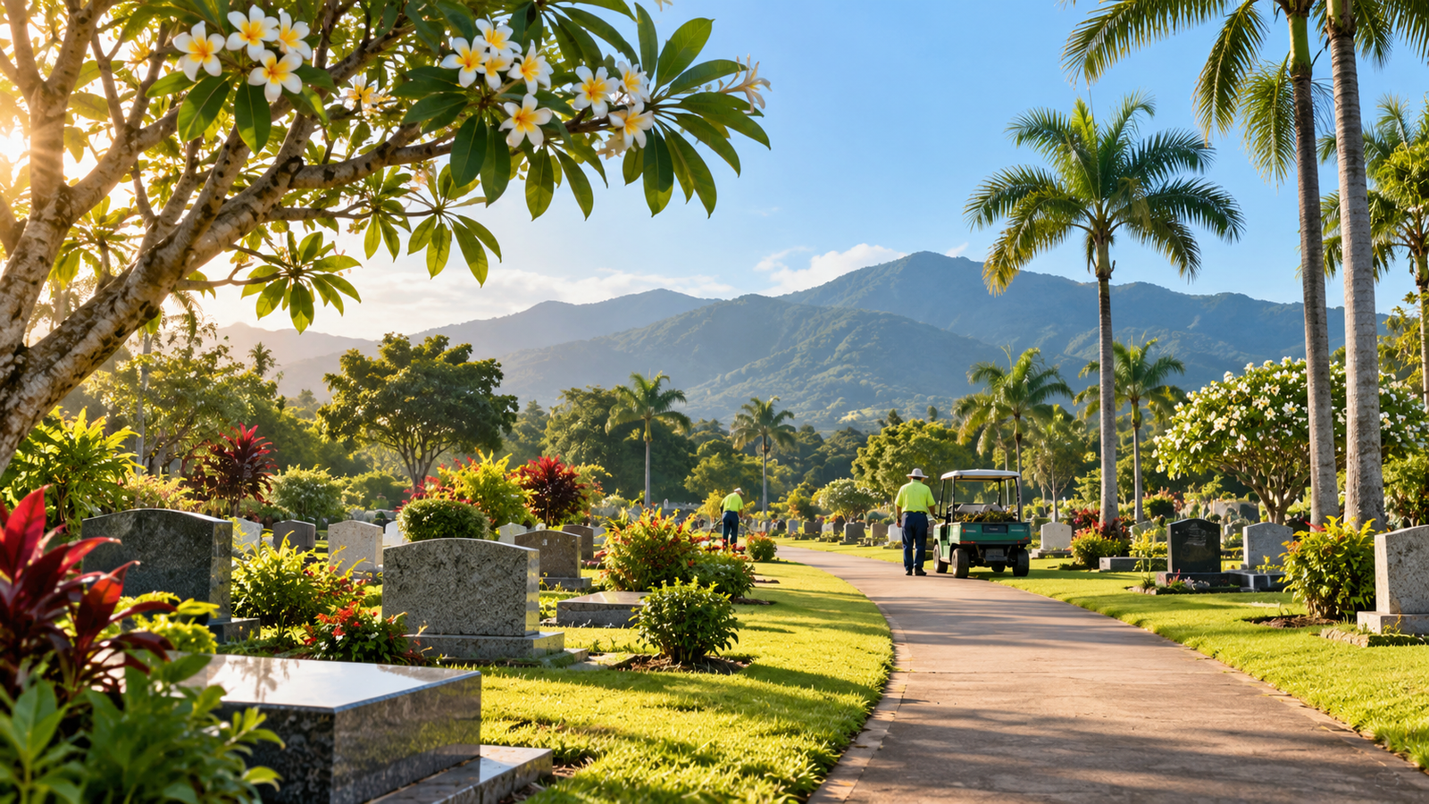 AI editorial illustration of a generic tropical cemetery path with palms, flowers and distant groundskeepers