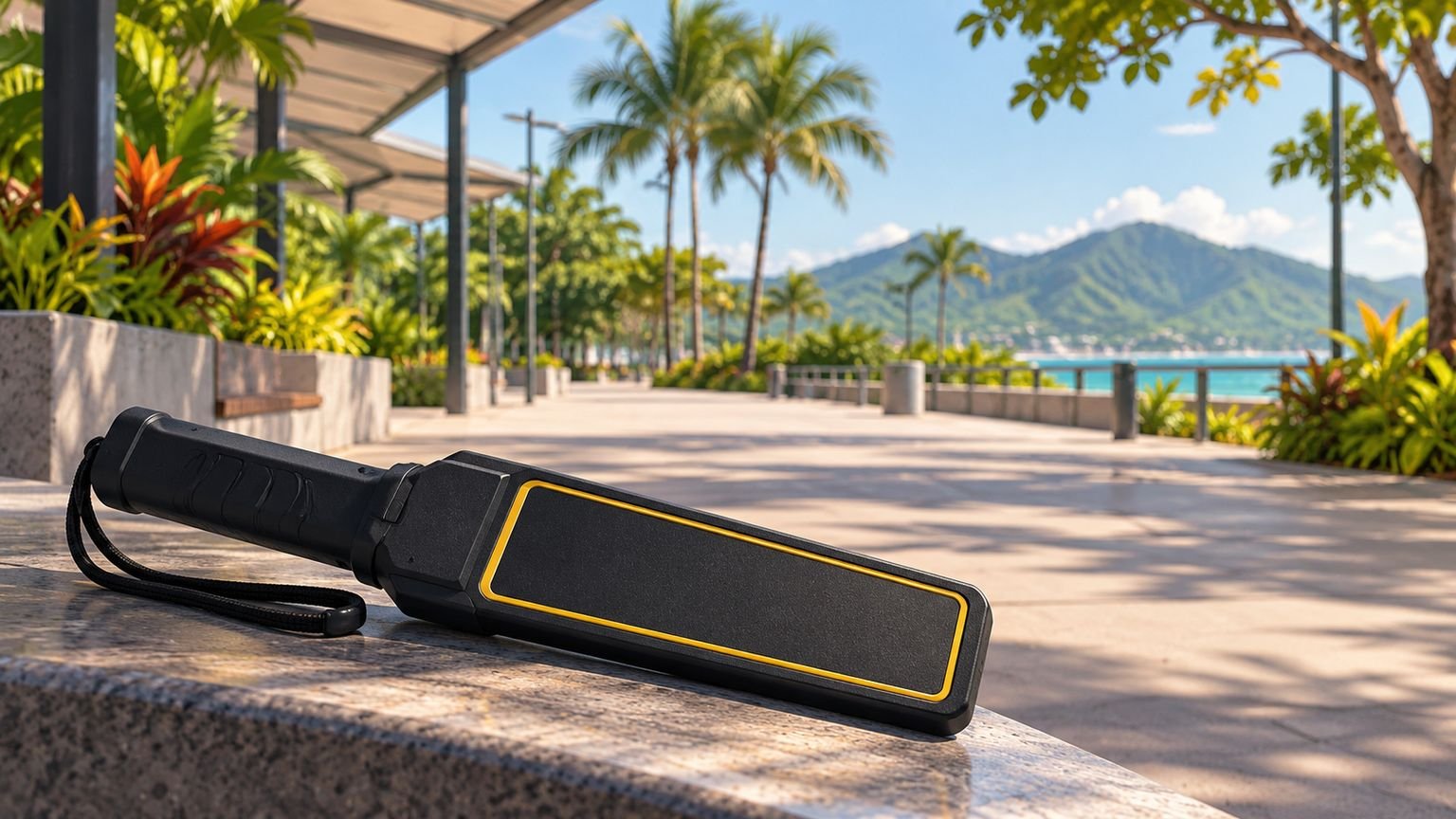 AI-generated editorial illustration of a handheld security scanner beside an empty tropical public walkway; not a photograph of police operations