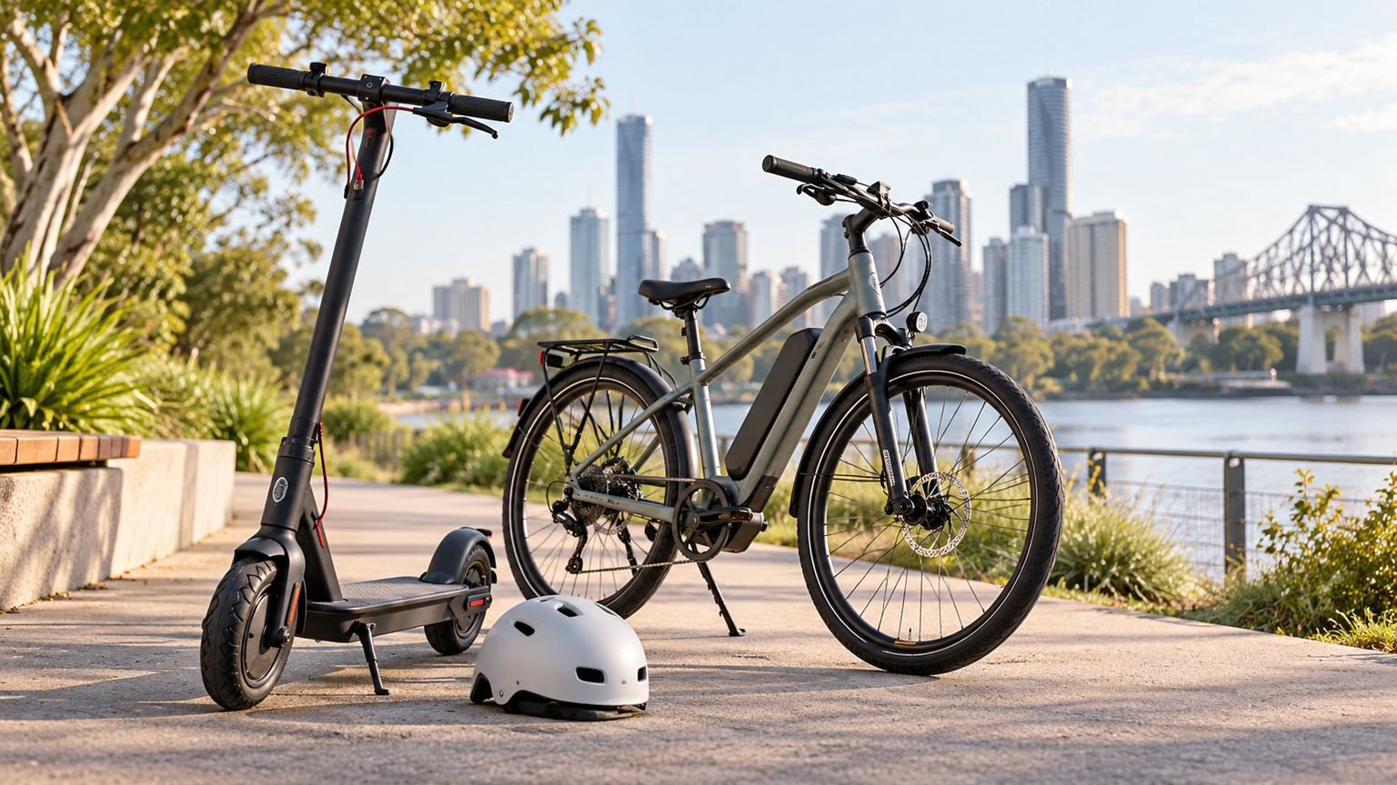 AI-generated conceptual illustration of a parked e-scooter, e-bike and helmet on a quiet path; not a photograph of an incident or patients.