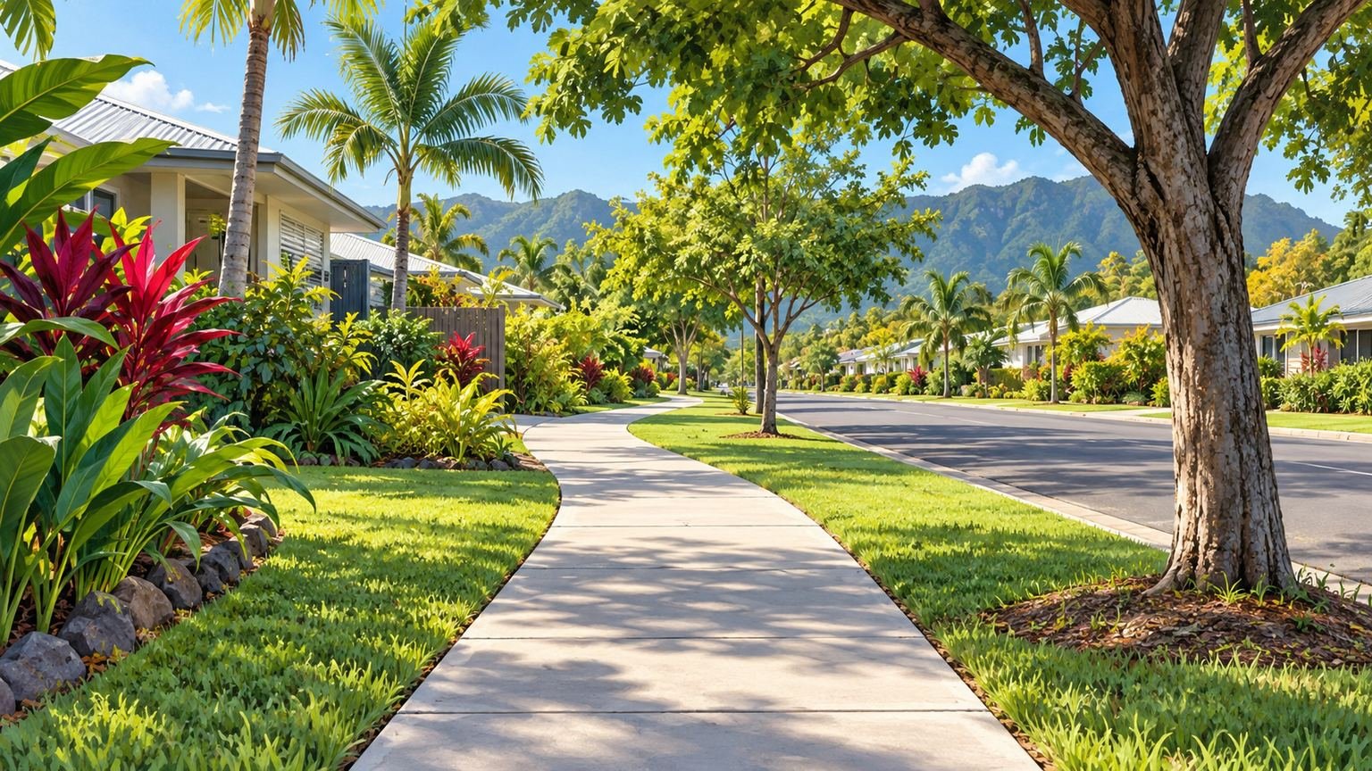 AI-generated conceptual editorial illustration of a generic tropical neighbourhood footpath; not an actual Cairns project route or completed work