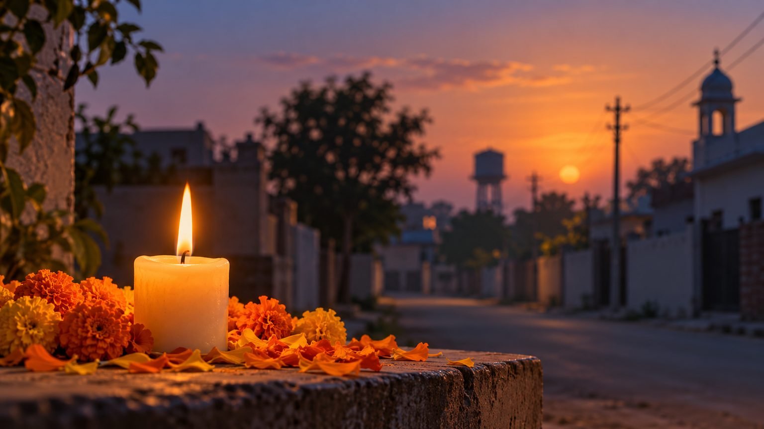 AI-generated symbolic editorial illustration of a candle and marigolds beside a generic Punjabi street; not the victim, scene or evidence
