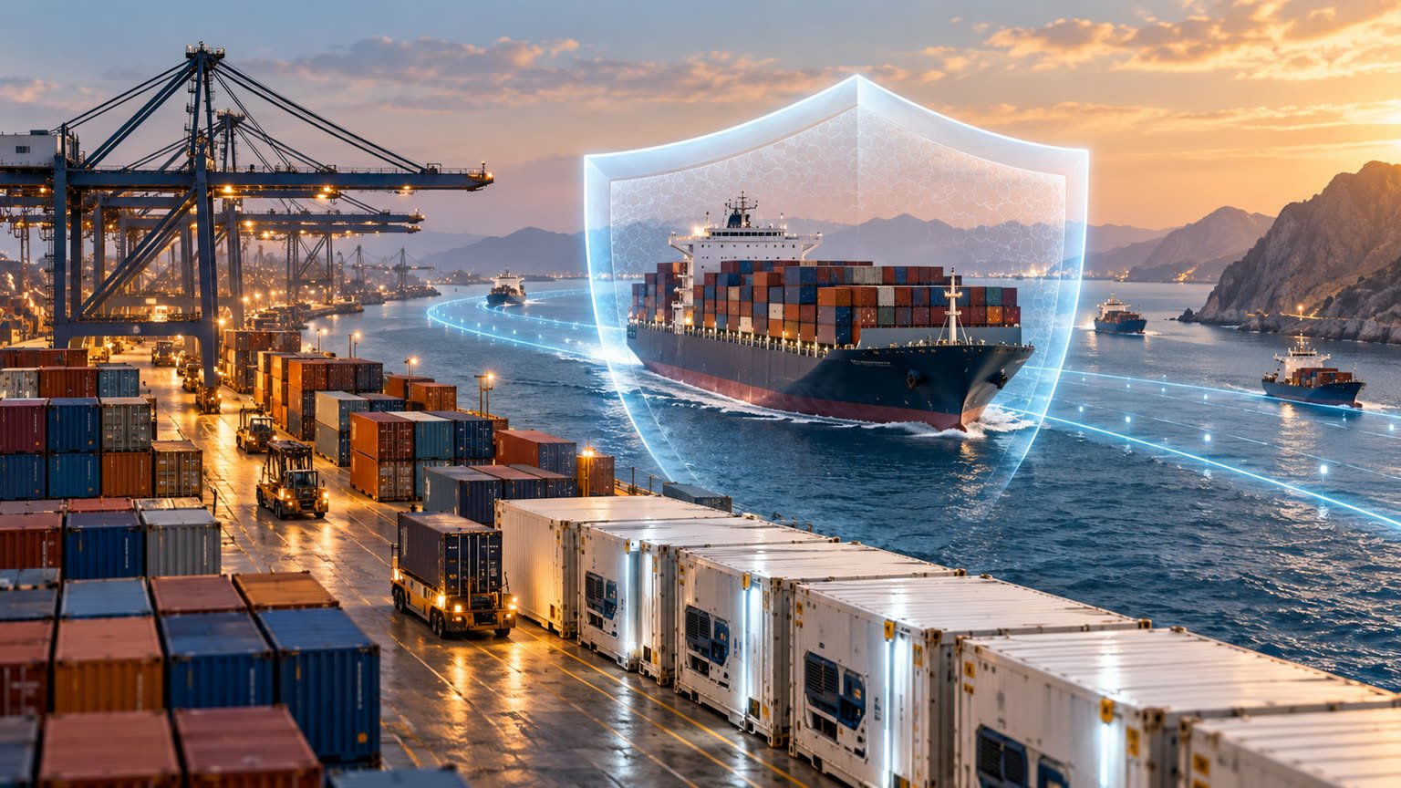 AI-generated conceptual editorial illustration of protected container shipping and refrigerated cargo moving through a Gulf maritime corridor