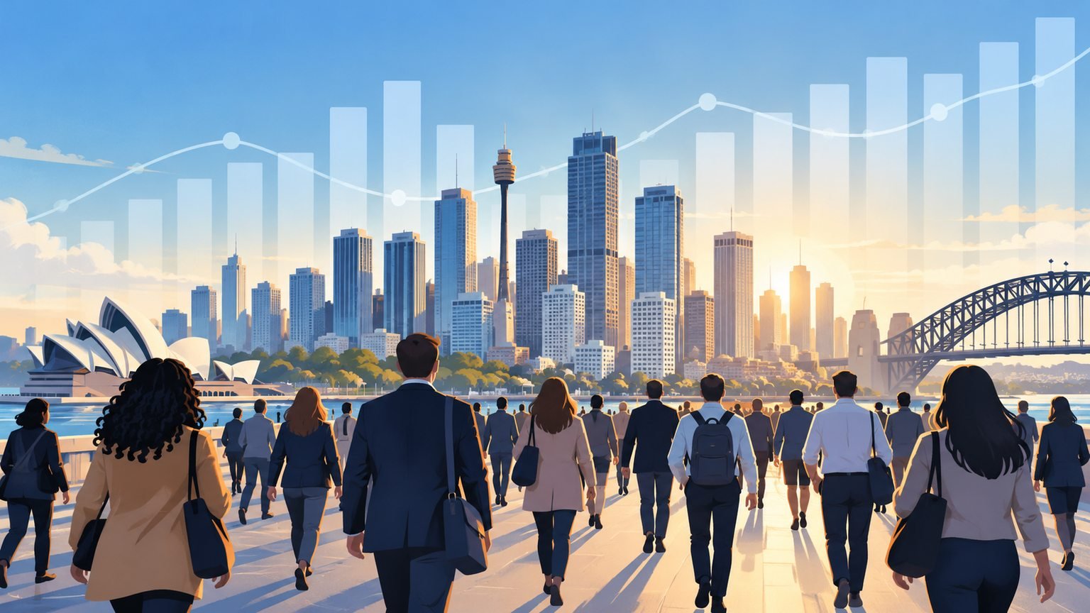 AI-generated conceptual editorial illustration of anonymous commuters and abstract chart shapes over a generic Australian city skyline; not an ABS graphic or a photograph