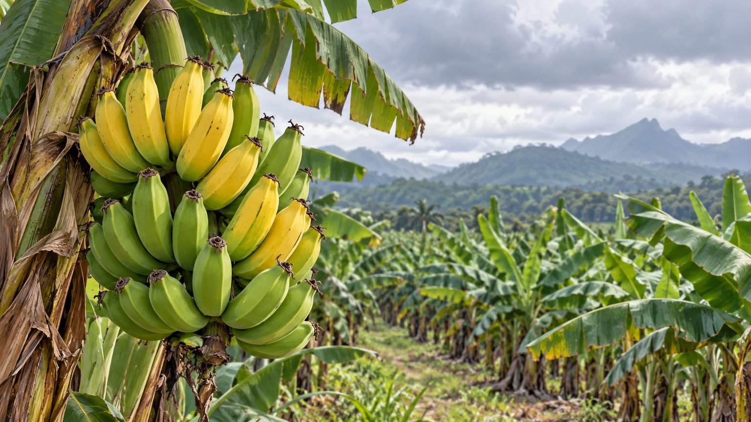 AI-generated editorial illustration of bananas growing on a generic tropical plantation under a cloudy sky; not a photograph of a specific farm.