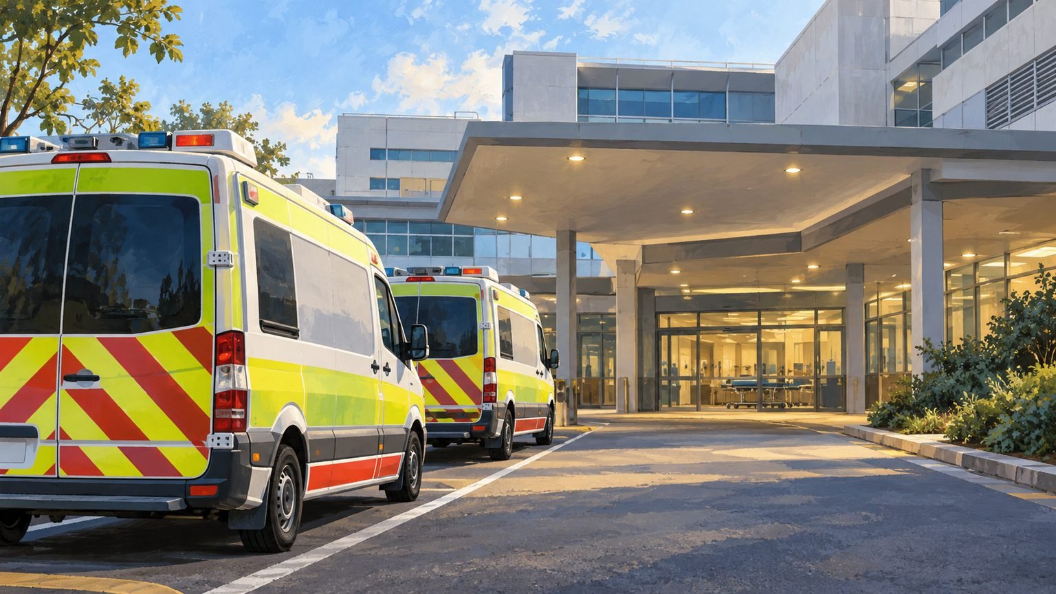 AI-generated editorial illustration of generic ambulances outside a fictional hospital; not Cairns Hospital or any reported incident.