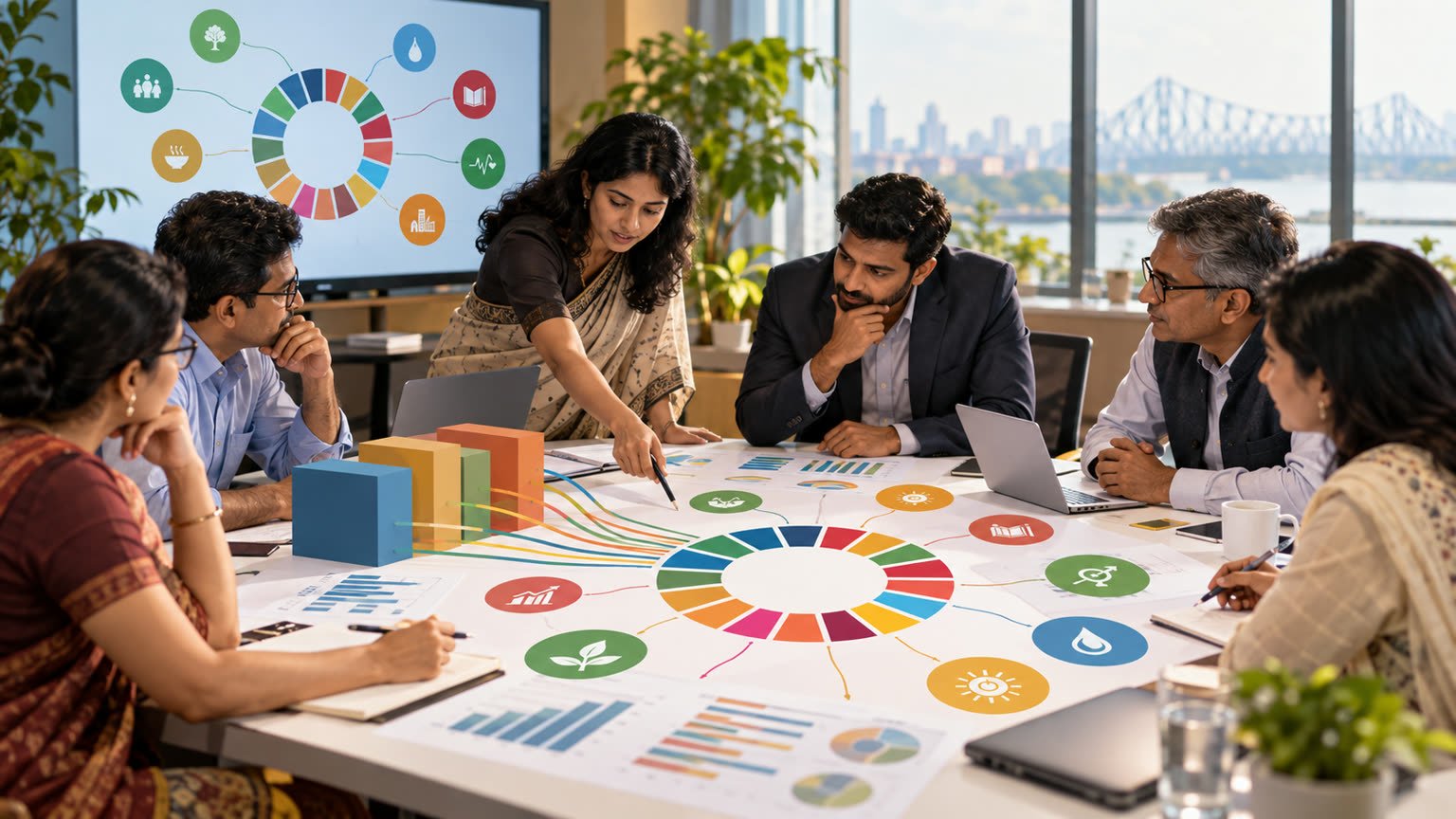 AI-generated editorial illustration of fictional Indian policy professionals linking public budget charts to sustainable development goals