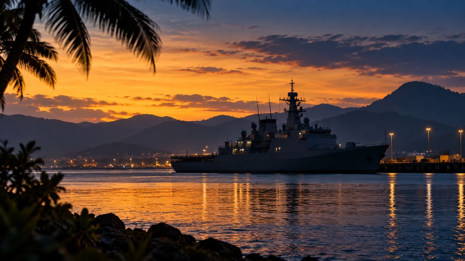 AI-generated symbolic illustration of an unmarked vessel in a tropical harbour at dusk; not HMAS Leeuwin or the actual Cairns scene