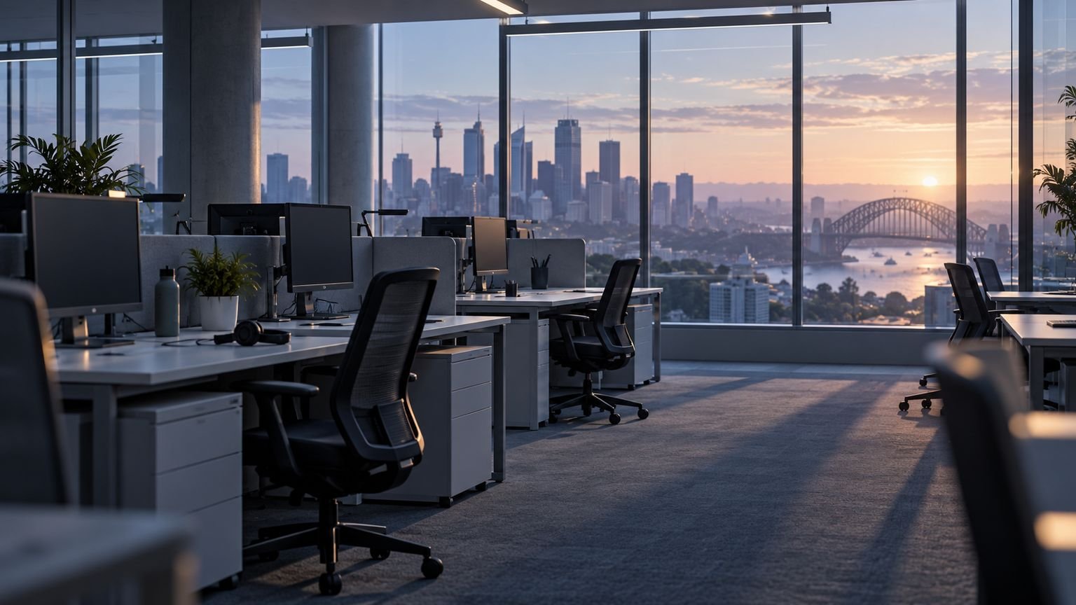 AI-generated symbolic illustration of an empty office and Australian city skyline; not a NAB workplace or affected staff