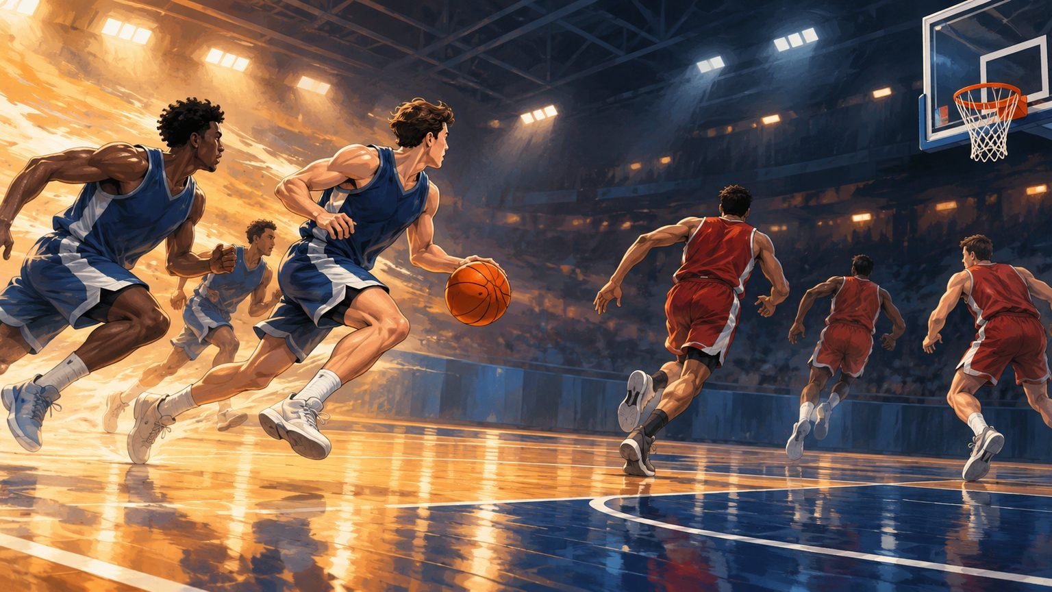 AI-generated editorial illustration of fictional basketball players on a generic indoor court; not the Cairns Taipans, South East Melbourne Phoenix or the reported game.