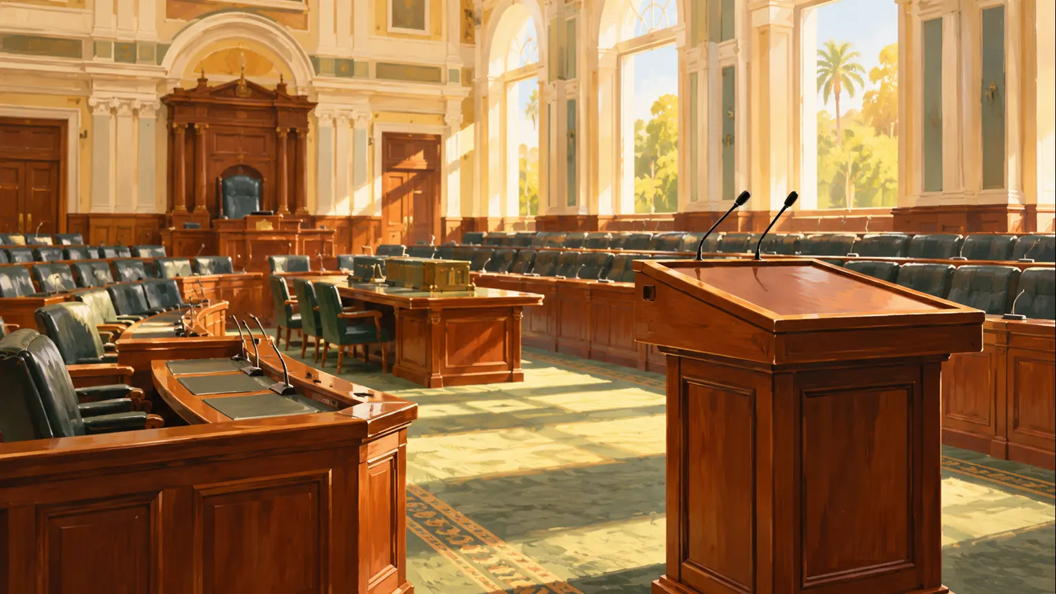 AI-generated conceptual illustration of an empty generic parliamentary chamber; not the actual Queensland venue or swearing-in