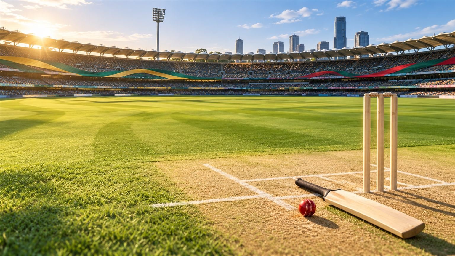 AI-generated conceptual cricket illustration of an empty sunlit oval with bat and ball; not the Brisbane ODI or actual players