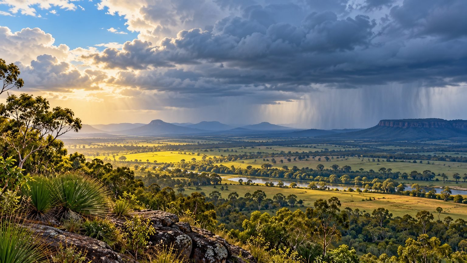 AI-generated editorial illustration of generic Queensland countryside with distant showers; not an actual weather event