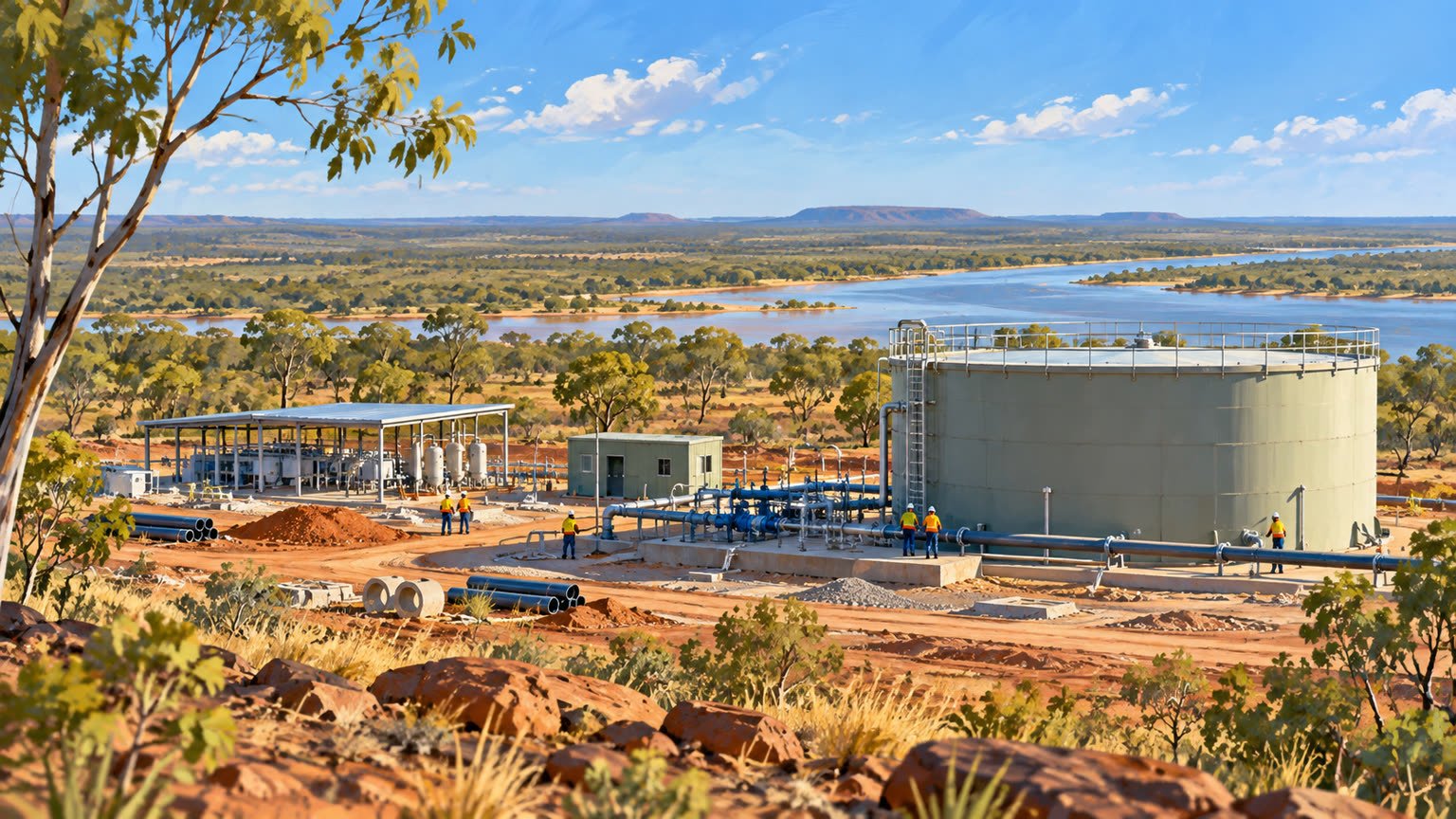 AI-generated editorial illustration of a conceptual water treatment plant and storage tank under construction in remote northern Queensland
