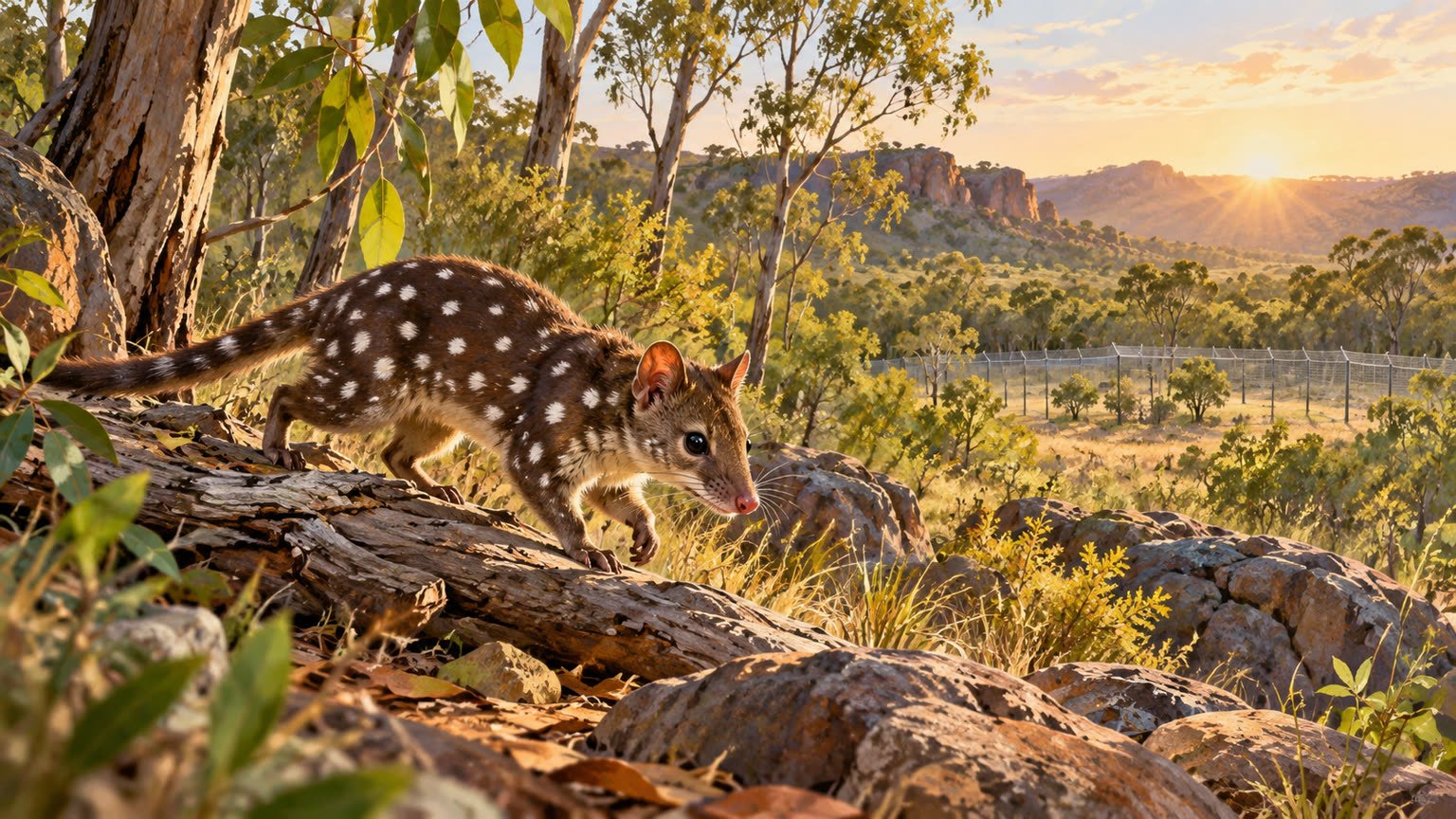 AI-generated natural-history illustration of a spotted northern quoll-inspired marsupial in bushland near a generic refuge fence