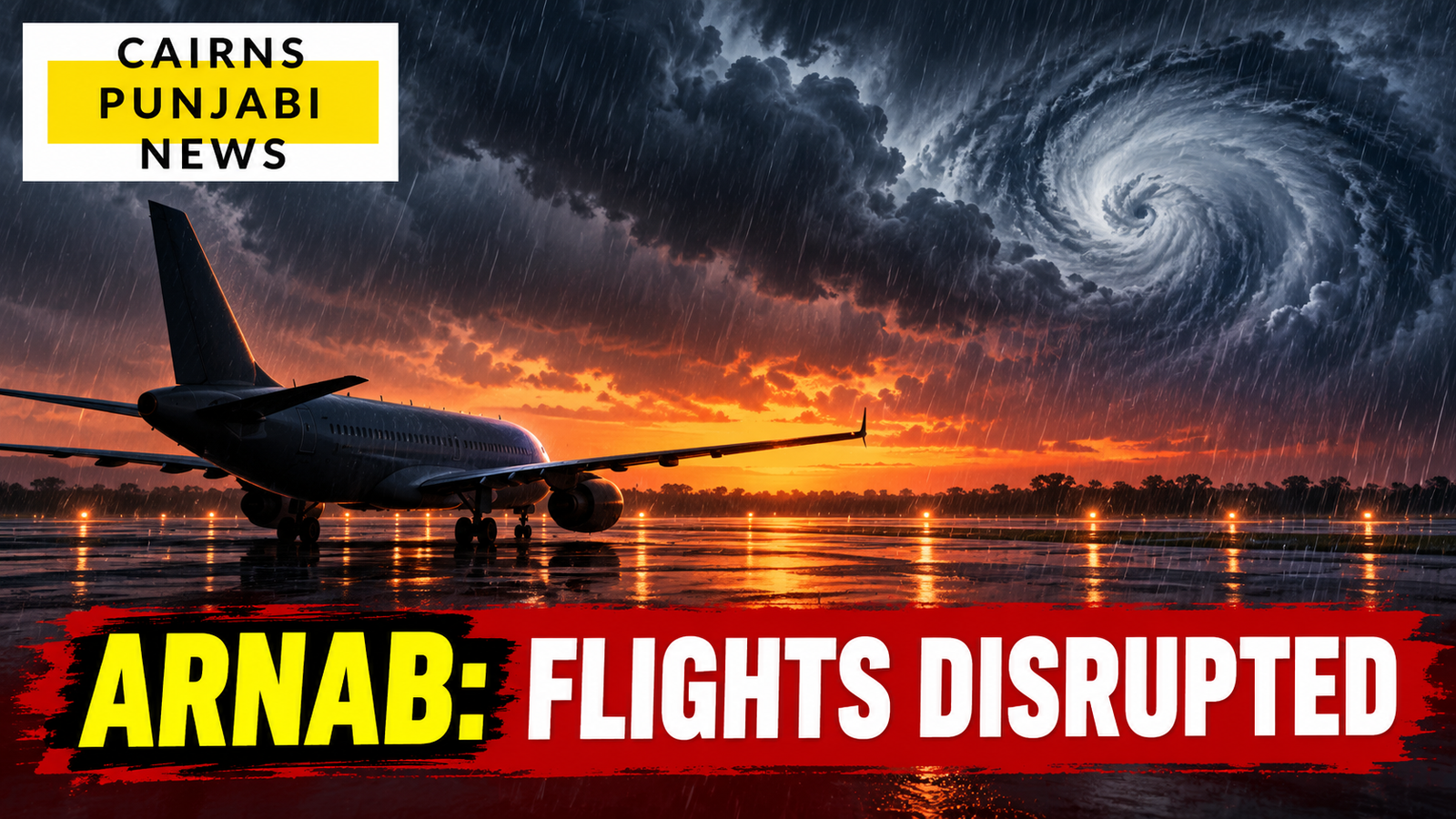 AI-generated conceptual illustration of an unbranded plane on a generic rainy runway, with Cairns Punjabi News logo and “Arnab: Flights Disrupted” headline; not an actual airport or storm photograph.