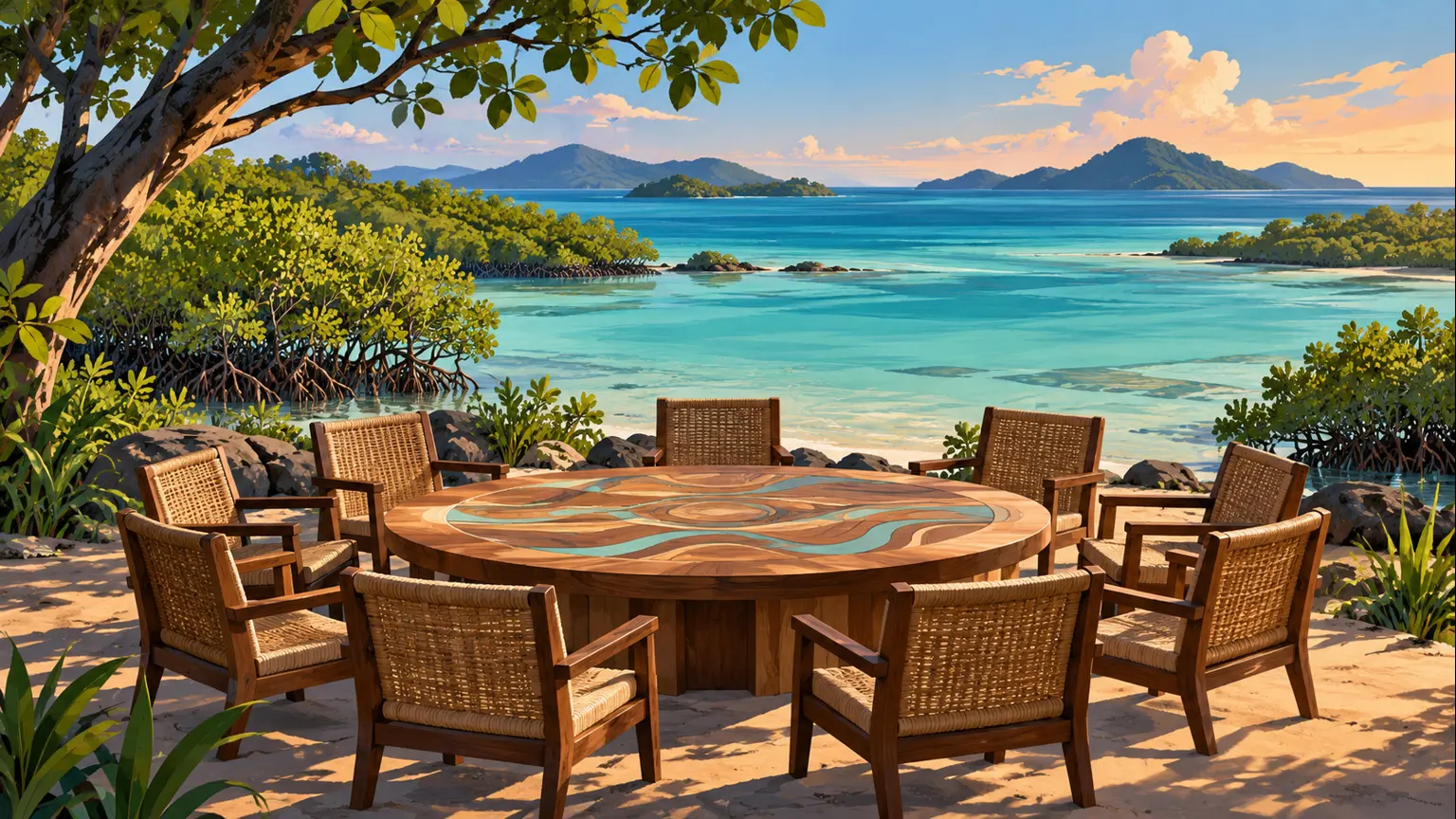 AI-generated illustration of an empty round meeting table overlooking a generic island coastline; not the Cairns forum or a specific Torres Strait site