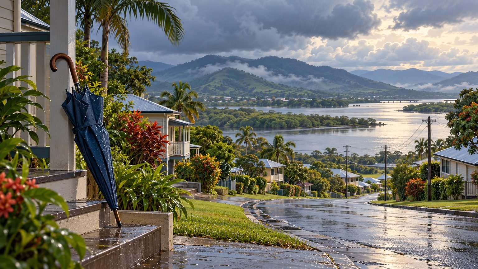 AI-generated conceptual editorial illustration of a generic North Queensland town after rain with a closed umbrella; not a real flood scene