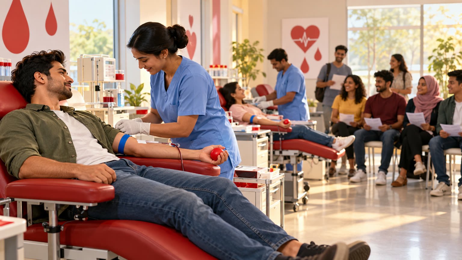 AI-generated editorial illustration of fictional adult donors and healthcare workers at a community blood donation centre in India